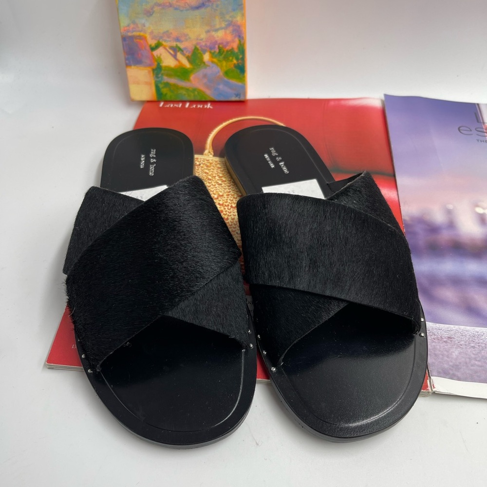 New Rag & Bone Keaton Slide Sandal In Black Pony Size: 37 US 6